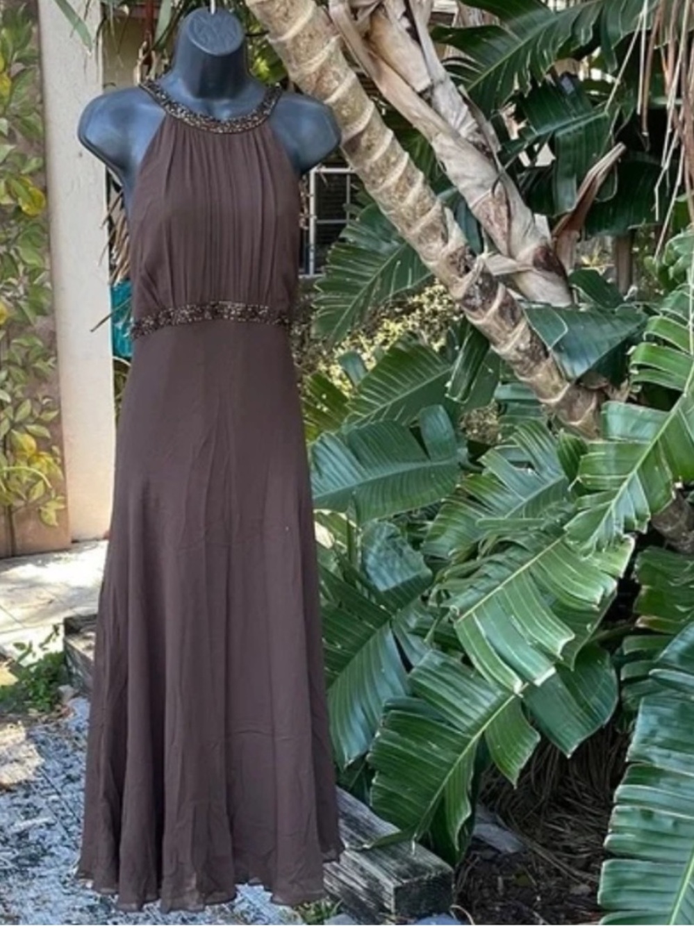 Vintage Y2K Silk Beaded Brown Formal Long Dress Gala Party Special Occasion Cute - Picture 17 of 17